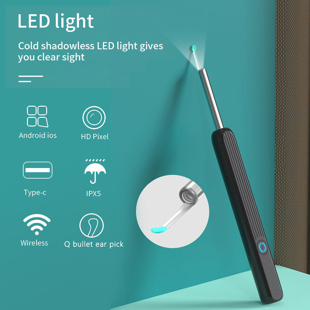 Smart ear cleaner with HD camera, a geometric cleaning tool with a visible video lens.