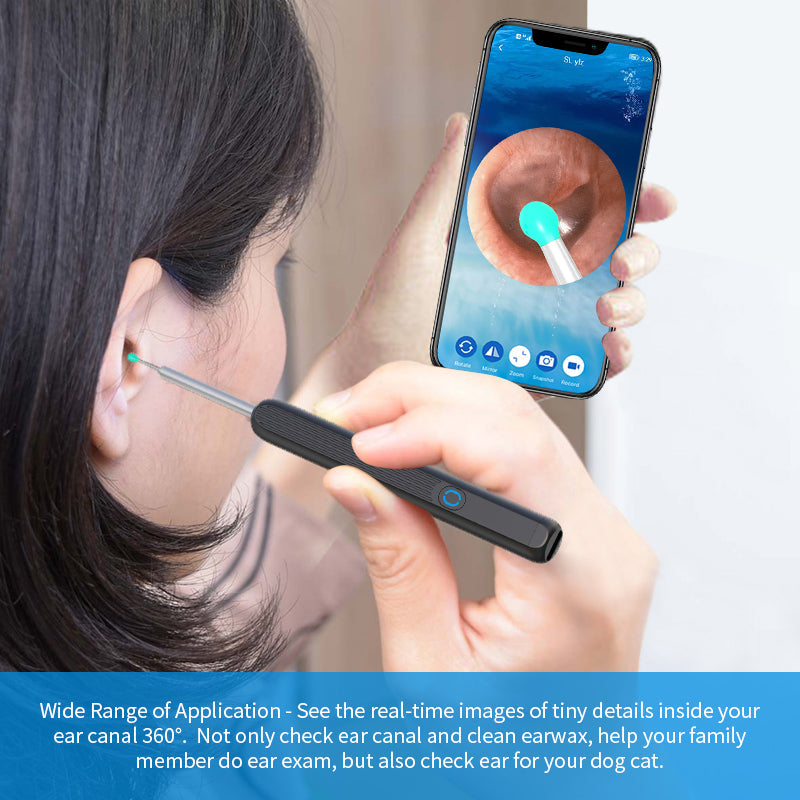 Smart ear cleaner with HD camera, a geometric cleaning tool with a visible video lens.